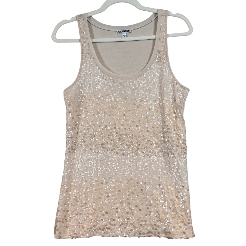 Express Womens Sequin Tank Top Beige Champagne Scoop Neck Party Glam Size Medium